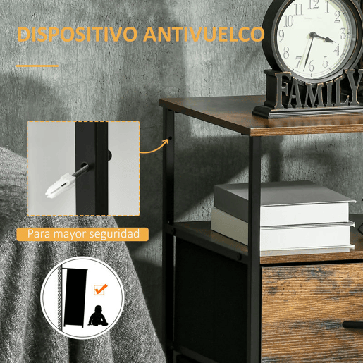 HOMCOM Mesa Auxiliar com 2 Gavetas Dobráveis Prateleira Aberta e Estrutura de Aço Mesa de Cabeceira 45x40x70,5 cm Castanho Rústico