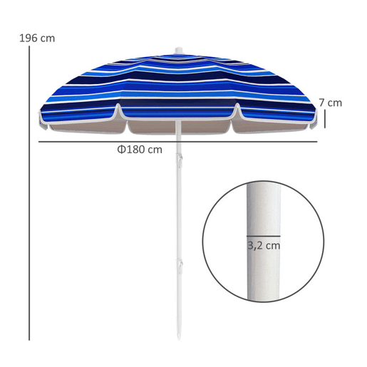 Outsunny Chapéu de Sol Grande para Praia Ø180 cm Chapéu de Sol para Exterior Dobrável com Ângulo Ajustável Proteção UV50+ Impermeável Mastro de Ø32 mm Multicolor