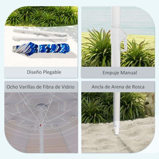 Outsunny Chapéu de Sol Grande para Praia Ø180 cm Chapéu de Sol para Exterior Dobrável com Ângulo Ajustável Proteção UV50+ Impermeável Mastro de Ø32 mm Multicolor