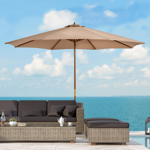 Outsunny Chapéu de Sol de Jardim Ø300x250 cm com Sistema de Poleia Teto Ventilado e Mastro Desmontável de Madeira para Terraço Pátio Exterior Caqui
