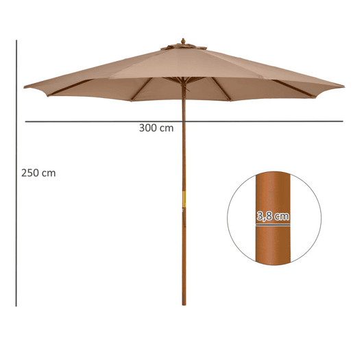 Outsunny Chapéu de Sol de Jardim Ø300x250 cm com Sistema de Poleia Teto Ventilado e Mastro Desmontável de Madeira para Terraço Pátio Exterior Caqui