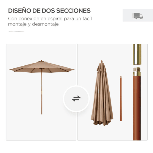 Outsunny Chapéu de Sol de Jardim Ø300x250 cm com Sistema de Poleia Teto Ventilado e Mastro Desmontável de Madeira para Terraço Pátio Exterior Caqui