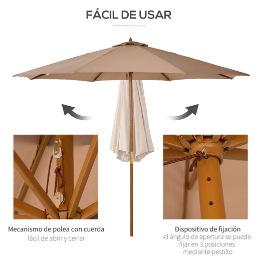 Outsunny Chapéu de Sol de Jardim Ø300x250 cm com Sistema de Poleia Teto Ventilado e Mastro Desmontável de Madeira para Terraço Pátio Exterior Caqui