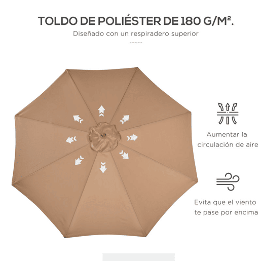 Outsunny Chapéu de Sol de Jardim Ø300x250 cm com Sistema de Poleia Teto Ventilado e Mastro Desmontável de Madeira para Terraço Pátio Exterior Caqui