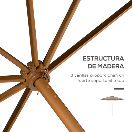 Outsunny Chapéu de Sol de Jardim Ø300x250 cm com Sistema de Poleia Teto Ventilado e Mastro Desmontável de Madeira para Terraço Pátio Exterior Caqui
