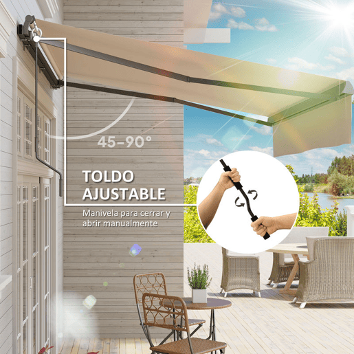 Outsunny Toldo Retrátil Manual para Jardim Toldo Exterior Ajustável com Manivela Proteção UV Estrutura de Metal e Alumínio 295x200 cm Creme