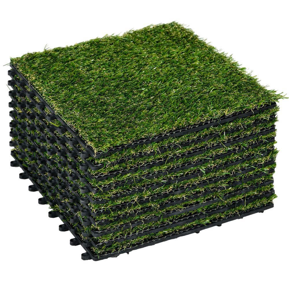 Outsunny césped artificial de 10 piezas alfombra césped artificial 30x30 cm con altura de hierba 20 mm anti-uv para jardín patio balcón verde oscuro