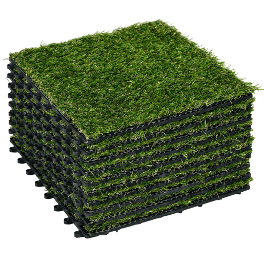 Outsunny Relva Artificial de 10 Peças Estrado de Relva Sintética 30x30 cm Altura 20 mm Resistente aos Raios UV Relva Artificial para Jardim Pátio e Varanda Verde Escuro