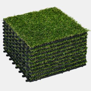 Outsunny Relva Artificial de 10 Peças Estrado de Relva Sintética 30x30 cm Altura 20 mm Resistente aos Raios UV Relva Artificial para Jardim Pátio e Varanda Verde Escuro
