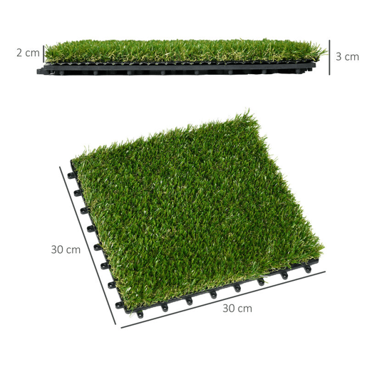 Outsunny Relva Artificial de 10 Peças Estrado de Relva Sintética 30x30 cm Altura 20 mm Resistente aos Raios UV Relva Artificial para Jardim Pátio e Varanda Verde Escuro
