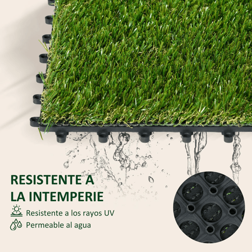 Outsunny Relva Artificial de 10 Peças Estrado de Relva Sintética 30x30 cm Altura 20 mm Resistente aos Raios UV Relva Artificial para Jardim Pátio e Varanda Verde Escuro