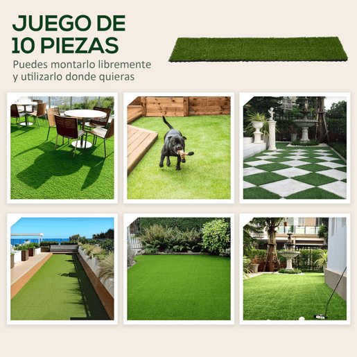 Outsunny Relva Artificial de 10 Peças Estrado de Relva Sintética 30x30 cm Altura 20 mm Resistente aos Raios UV Relva Artificial para Jardim Pátio e Varanda Verde Escuro