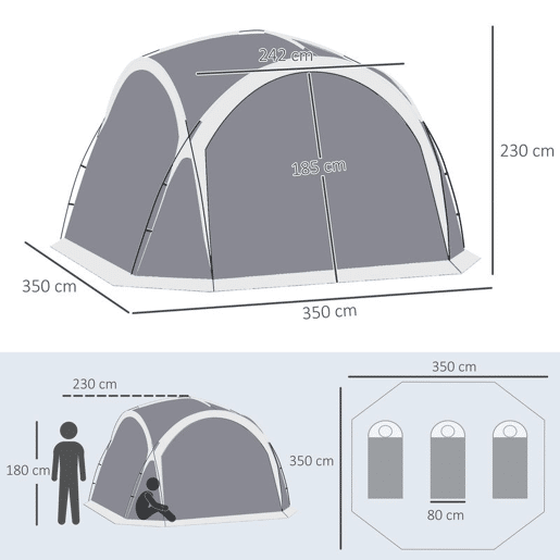 Outsunny Abrigo de Campismo para 3-4 Pessoas com 4 Telas Mosquiteiras 2 Painéis de Tecido Oxford e Bolsa de Transporte para Campismo Viagens 350x350x230 cm Cinza