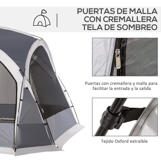 Outsunny Abrigo de Campismo para 3-4 Pessoas com 4 Telas Mosquiteiras 2 Painéis de Tecido Oxford e Bolsa de Transporte para Campismo Viagens 350x350x230 cm Cinza