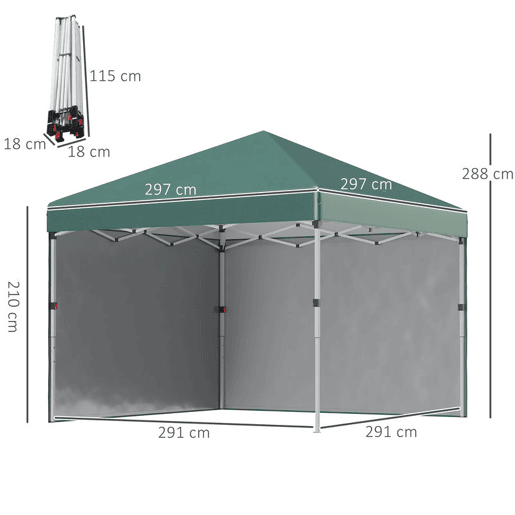 Outsunny Tenda Dobrável Pop-up 297x297x288 cm Tenda para Eventos com 2 Paredes Laterais Anti-UV Altura Ajustável em 3 Níveis Sacos de Areia e Bolsa de Transporte com Rodas para Campismo Festas Verde