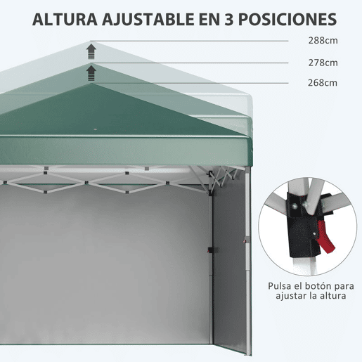 Outsunny Tenda Dobrável Pop-up 297x297x288 cm Tenda para Eventos com 2 Paredes Laterais Anti-UV Altura Ajustável em 3 Níveis Sacos de Areia e Bolsa de Transporte com Rodas para Campismo Festas Verde