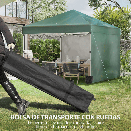 Outsunny Tenda Dobrável Pop-up 297x297x288 cm Tenda para Eventos com 2 Paredes Laterais Anti-UV Altura Ajustável em 3 Níveis Sacos de Areia e Bolsa de Transporte com Rodas para Campismo Festas Verde
