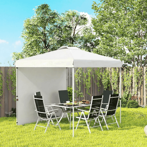 Outsunny Tenda Dobrável 247x247x268 cm Altura Ajustável Tenda de Jardim com 1 Parede Lateral Teto com Ventilação e Bolsa de Transporte para Acampamento Festas Branco