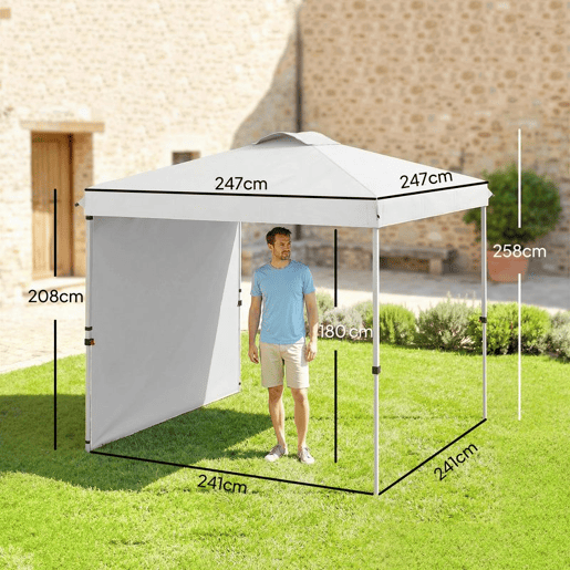 Outsunny Tenda Dobrável 247x247x268 cm Altura Ajustável Tenda de Jardim com 1 Parede Lateral Teto com Ventilação e Bolsa de Transporte para Acampamento Festas Branco