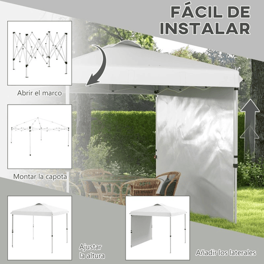 Outsunny Tenda Dobrável 247x247x268 cm Altura Ajustável Tenda de Jardim com 1 Parede Lateral Teto com Ventilação e Bolsa de Transporte para Acampamento Festas Branco