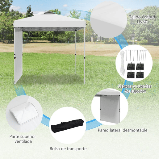 Outsunny Tenda Dobrável 247x247x268 cm Altura Ajustável Tenda de Jardim com 1 Parede Lateral Teto com Ventilação e Bolsa de Transporte para Acampamento Festas Branco