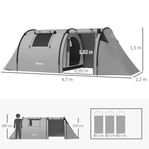 Outsunny Tenda de Campismo Familiar para 3 Pessoas Tenda Campismo Dobrável Leve com Portas Janelas Gancho e Bolsa de Transporte Impermeável 3000 mm para Praia Caminhadas 470x220x150 cm Cinzento