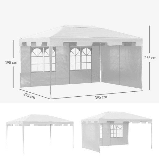 Outsunny Tenda de Jardim 395x295x255 cm Tenda Desmontável de Exterior com 2 Paredes Laterais 2 Janelas Anti-UV para Pátio Varanda Branco