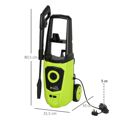 DURHAND Lavadora de Alta Pressão 1800W Caudal de 510 Lh com Bomba de Alumínio Paragem Automática Pressão de 150 Bar Mangueira de 6 m Inclui Garrafa de Sabão Bico e Escova Verde e Preto