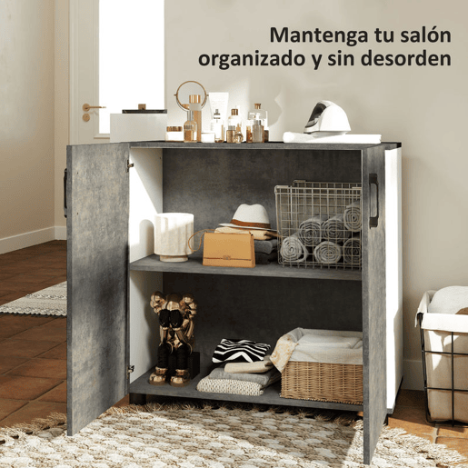 HOMCOM Aparador de 2 Portas de Fechamento Suave Aparador de Sala de Estar com Prateleira Móvel Auxiliar para Cozinha Quarto Entrada 80x37x80 cm Cinza Cimento e Branco Brilho