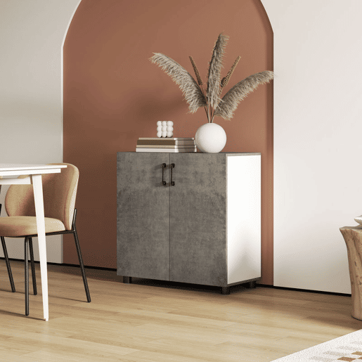 HOMCOM Aparador de 2 Portas de Fechamento Suave Aparador de Sala de Estar com Prateleira Móvel Auxiliar para Cozinha Quarto Entrada 80x37x80 cm Cinza Cimento e Branco Brilho