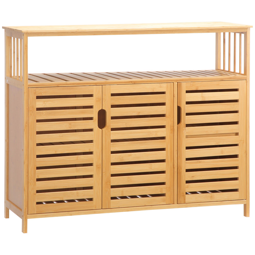 Homcom aparador de 3 puertas ranuradas aparador para salón de bambú con estantes para comedor cocina entrada natural 100x35x82 cm