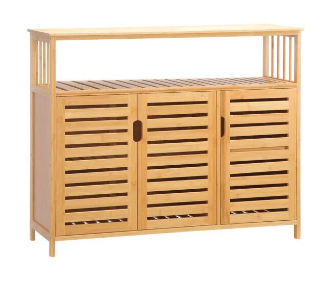Homcom aparador de 3 puertas ranuradas aparador para salón de bambú con estantes para comedor cocina entrada natural 100x35x82 cm