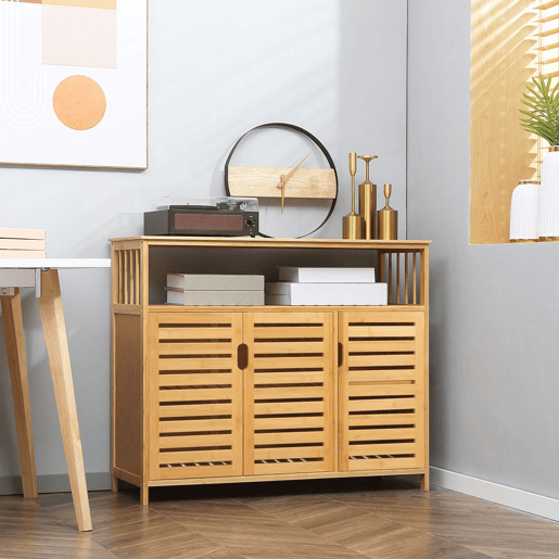 HOMCOM Aparador de 3 Portas Ranuradas Aparador para Sala de Estar em Bambu com Prateleiras para Sala de Jantar Cozinha Entrada 100x35x82 cm Madeira