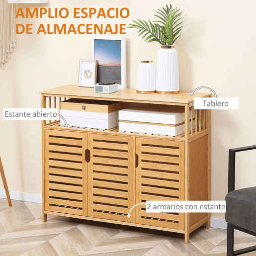 HOMCOM Aparador de 3 Portas Ranuradas Aparador para Sala de Estar em Bambu com Prateleiras para Sala de Jantar Cozinha Entrada 100x35x82 cm Madeira