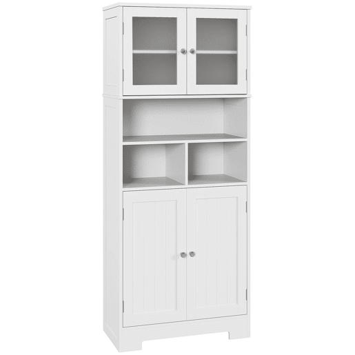 HOMCOM Armário de Cozinha Móvel Auxiliar de Cozinha Armário Alto de Cozinha com 2 Portas de Vidro Prateleiras Ajustáveis e Compartimentos Abertos 60x30x145,5 cm Branco