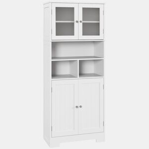HOMCOM Armário de Cozinha Móvel Auxiliar de Cozinha Armário Alto de Cozinha com 2 Portas de Vidro Prateleiras Ajustáveis e Compartimentos Abertos 60x30x145,5 cm Branco