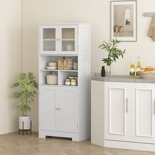 HOMCOM Armário de Cozinha Móvel Auxiliar de Cozinha Armário Alto de Cozinha com 2 Portas de Vidro Prateleiras Ajustáveis e Compartimentos Abertos 60x30x145,5 cm Branco