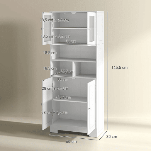 HOMCOM Armário de Cozinha Móvel Auxiliar de Cozinha Armário Alto de Cozinha com 2 Portas de Vidro Prateleiras Ajustáveis e Compartimentos Abertos 60x30x145,5 cm Branco
