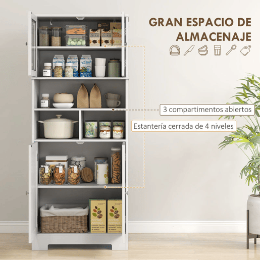 HOMCOM Armário de Cozinha Móvel Auxiliar de Cozinha Armário Alto de Cozinha com 2 Portas de Vidro Prateleiras Ajustáveis e Compartimentos Abertos 60x30x145,5 cm Branco