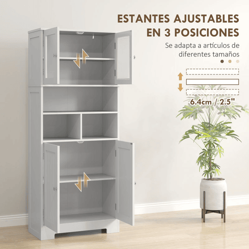 HOMCOM Armário de Cozinha Móvel Auxiliar de Cozinha Armário Alto de Cozinha com 2 Portas de Vidro Prateleiras Ajustáveis e Compartimentos Abertos 60x30x145,5 cm Branco