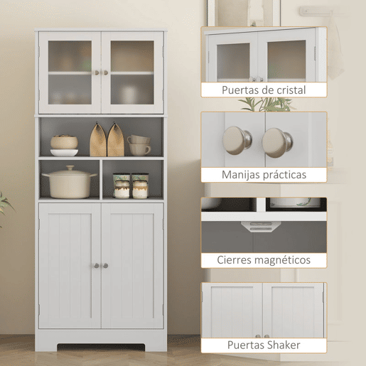 HOMCOM Armário de Cozinha Móvel Auxiliar de Cozinha Armário Alto de Cozinha com 2 Portas de Vidro Prateleiras Ajustáveis e Compartimentos Abertos 60x30x145,5 cm Branco