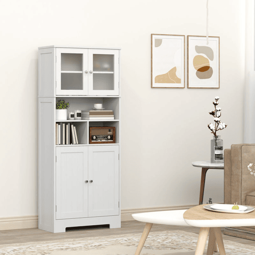HOMCOM Armário de Cozinha Móvel Auxiliar de Cozinha Armário Alto de Cozinha com 2 Portas de Vidro Prateleiras Ajustáveis e Compartimentos Abertos 60x30x145,5 cm Branco
