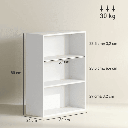 HOMCOM Estante de 3 Níveis Estante para Livros com 2 Prateleiras Ajustáveis para Sala de Estar Escritório Quarto 60x24x80 cm Branco