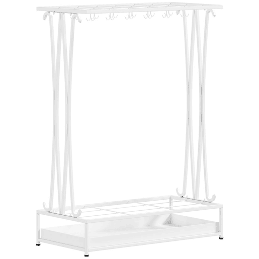 HOMCOM Suporte para Guarda-Chuva Moderno Retangular Suporte para Guarda Chuvas de Aço com 24 Ganchos 21 Espaços e Bandeja Recolhedora de Gotas Amovível para Entrada Escritório 50x24x68 cm Branco