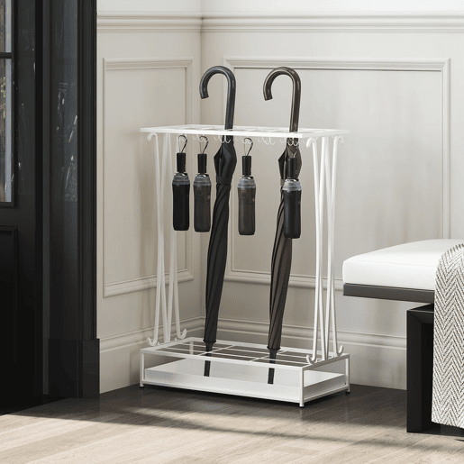 HOMCOM Suporte para Guarda-Chuva Moderno Retangular Suporte para Guarda Chuvas de Aço com 24 Ganchos 21 Espaços e Bandeja Recolhedora de Gotas Amovível para Entrada Escritório 50x24x68 cm Branco