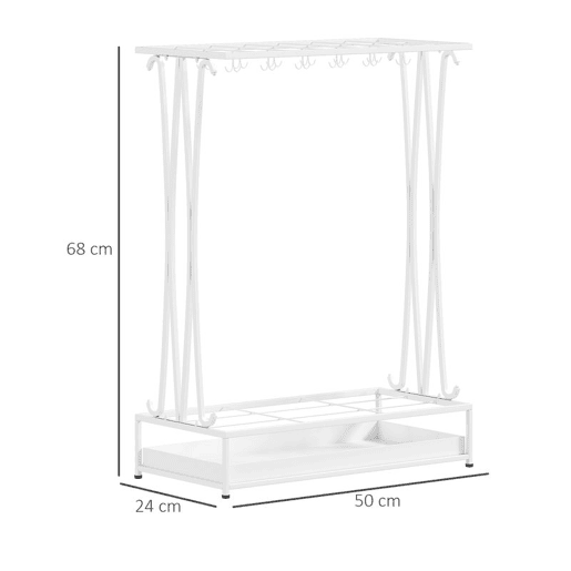 HOMCOM Suporte para Guarda-Chuva Moderno Retangular Suporte para Guarda Chuvas de Aço com 24 Ganchos 21 Espaços e Bandeja Recolhedora de Gotas Amovível para Entrada Escritório 50x24x68 cm Branco