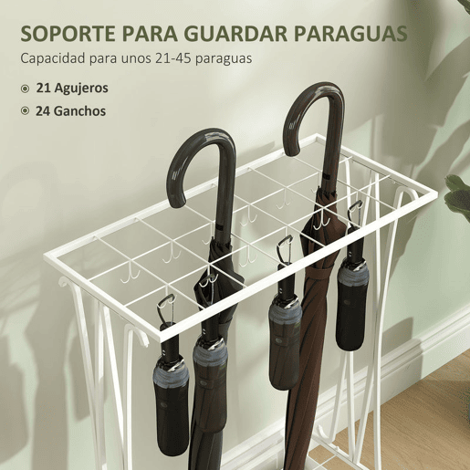 HOMCOM Suporte para Guarda-Chuva Moderno Retangular Suporte para Guarda Chuvas de Aço com 24 Ganchos 21 Espaços e Bandeja Recolhedora de Gotas Amovível para Entrada Escritório 50x24x68 cm Branco