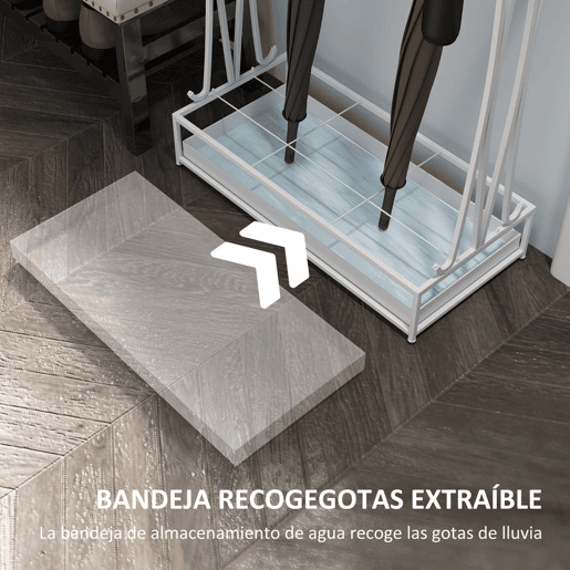 HOMCOM Suporte para Guarda-Chuva Moderno Retangular Suporte para Guarda Chuvas de Aço com 24 Ganchos 21 Espaços e Bandeja Recolhedora de Gotas Amovível para Entrada Escritório 50x24x68 cm Branco