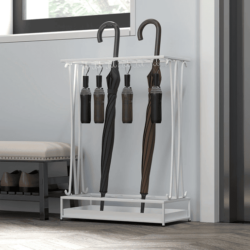 HOMCOM Suporte para Guarda-Chuva Moderno Retangular Suporte para Guarda Chuvas de Aço com 24 Ganchos 21 Espaços e Bandeja Recolhedora de Gotas Amovível para Entrada Escritório 50x24x68 cm Branco