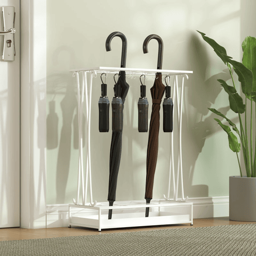 HOMCOM Suporte para Guarda-Chuva Moderno Retangular Suporte para Guarda Chuvas de Aço com 24 Ganchos 21 Espaços e Bandeja Recolhedora de Gotas Amovível para Entrada Escritório 50x24x68 cm Branco